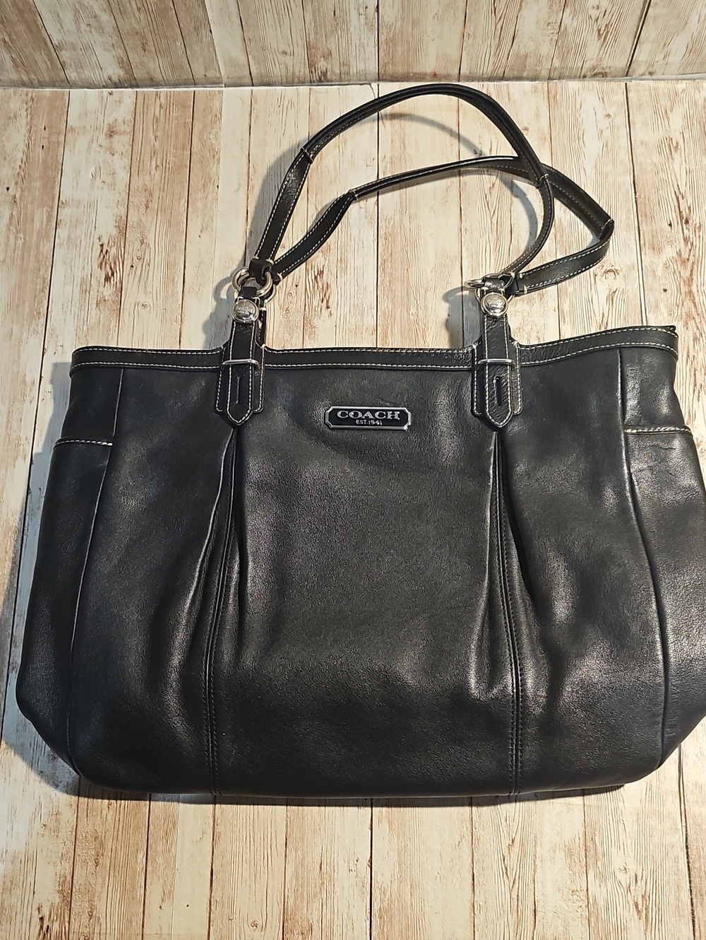 Coach Black Leather Tote with Silver Hardware